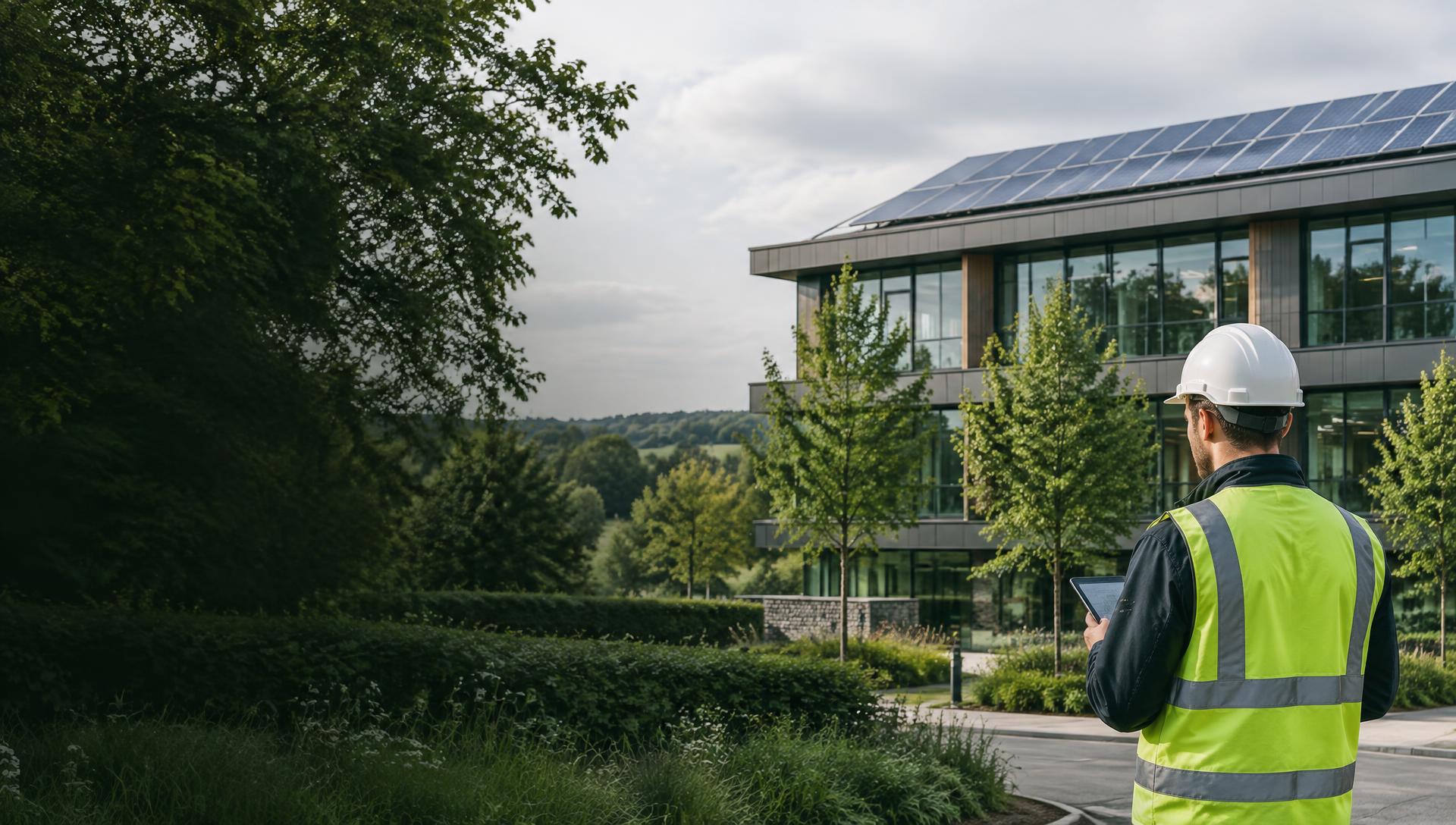 Energy assessor reviewing a solar-powered commercial building